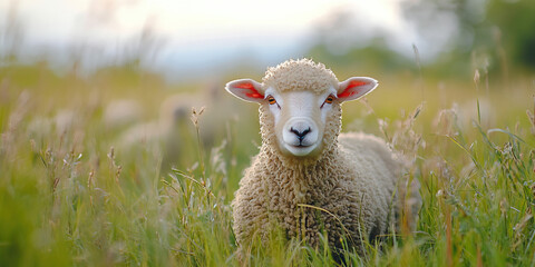 Naklejka premium Single Sheep in Grassy Field