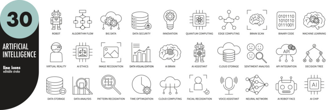 Artificial intelligence, machine learning, AI, neural networks editable stroke thin line icons set. Data security, facial recognition, cloud computing, innovation. Outline icons, vector illustration