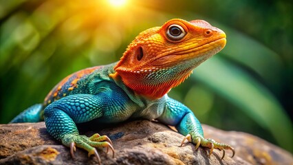 Obraz premium Vibrant Agama Lizard with Orange Head & Green Body Perched on Rock