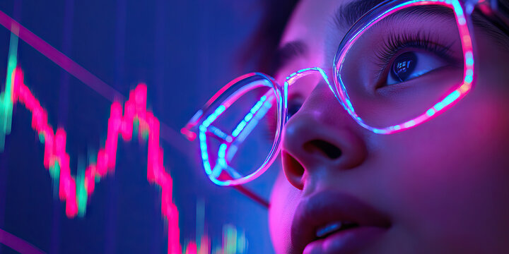 Woman Wearing Illuminated Glasses Observing Stock Market Data