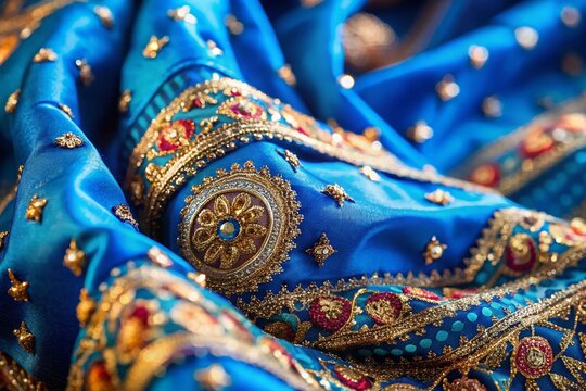 Vibrant Blue Indian Saree Fabric Close-up: Macro Photography