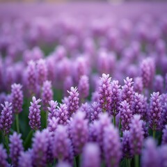 Obraz premium A field of vibrant purple flowers in full bloom, bathed in soft sunlight. The delicate blossoms create a stunning natural texture.