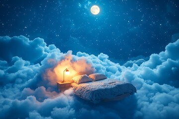 A magical 3D visualization of a comfortable bed with a glowing lamp on the nightstand, gently floating over clouds that shimmer in the moonlight, surrounded by a deep blue sky