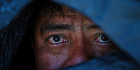 Close-up of Man's Eyes Partially Hidden Under Dark Blue Fabric