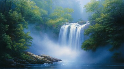 Fototapeta premium Majestic waterfall flows gently through lush greenery in a tranquil natural setting during early morning light. Generative AI