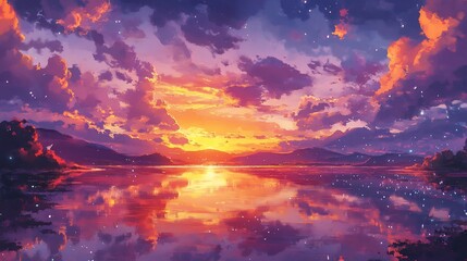 Fototapeta premium Majestic Sunset Over Calm Waters with Vibrant Skies and Mountains, a serene landscape painting