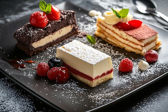A selection of Italian desserts, including tiramisu, cannoli, and panna cotta, elegantly presented on dark plates with delicate garnishes and soft lighting.