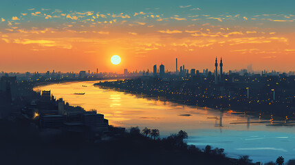 Fototapeta premium A panoramic view of baghdad's skyline at sunset, with the tigris river reflecting the golden light. Golden Horizon. Illustration