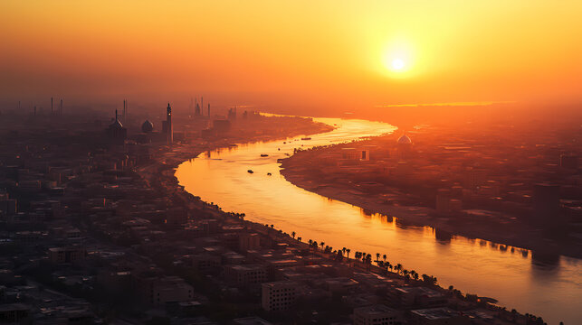 A panoramic view of baghdad's skyline at sunset, with the tigris river reflecting the golden light. Golden Horizon. Illustration