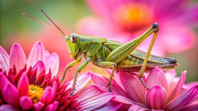 Vibrant Pink Flower with Grasshopper - Rule of Thirds Composition