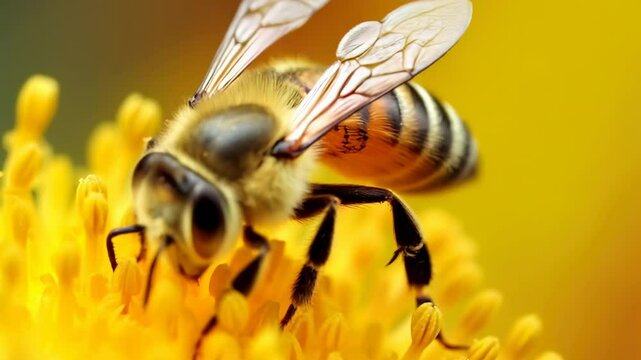 Honey bee collects pollen and nectar on flower close-up, wild honeybee macro view. Concept of pollinate, nature, honeydew. 
