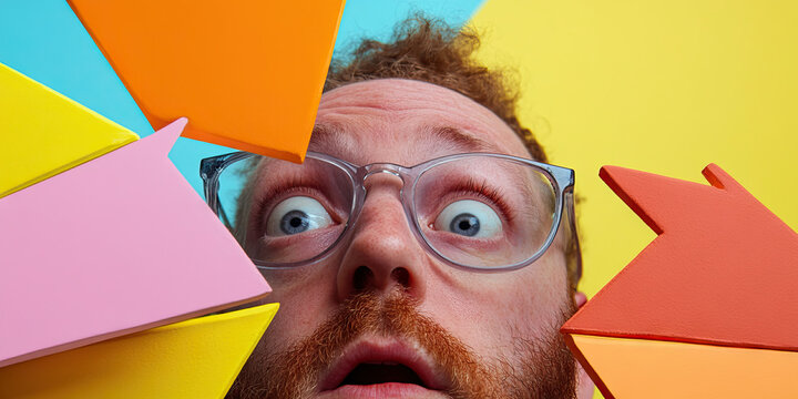 Man with Glasses Surrounded by Colorful Triangular Arrows