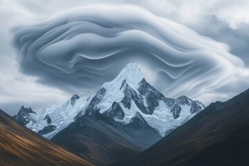 Majestic snow-capped mountains rise beneath a surreal, swirling cloud formation, creating a breathtaking landscape.