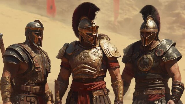 Ancient roman warriors in armor standing in desert landscape with historic helmets and protective gear, concept of gladiator, soldier, fighter. 