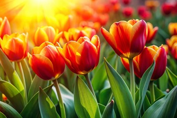 Fototapeta premium Vibrant Red and Yellow Tulips Close-up, Sunny Day Flower Bed, Isolated White Background