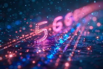 5G network symbol made of glowing particles on a dark background.