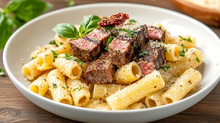 Fototapeta premium Creamy pasta with steak, sun-dried tomatoes, and basil. Delicious food photography for restaurant menus