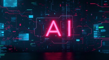 Vibrant digital representation of artificial intelligence with glowing elements and complex data patterns in a futuristic setting