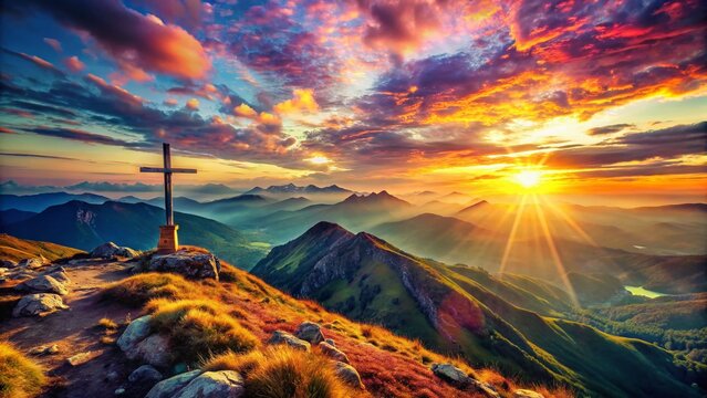 Vibrant Sunrise Panorama: Cross-Processed Mountain Majesty