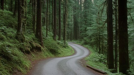 Obraz premium A winding forest road invites exploration, flanked by towering trees and deep green hues under a canopy of tranquility.