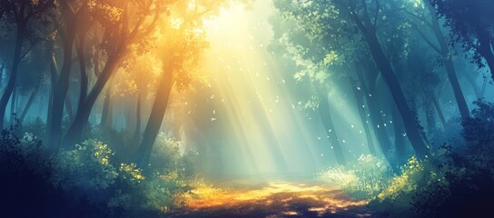The breathtaking forest of deciduous trees stands under the sun's bright rays, the blue sky overhead enhancing the vibrant greens of the leaves, giving a sweeping view