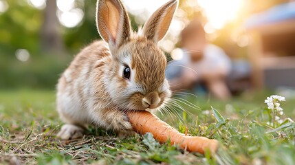 Cute bunny eating carrot, child blurred background, park setting, spring