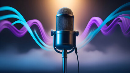 Microphone on cinematic background. Microphone with sound waves. podcasting and audio recording work. mic with waves. live on air. radio podcast broadcasting microphone	