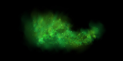 Realistic texture of fantastic smoke background. Green fog with glitter and shimmering glowing particles. Starry neon magic dust.