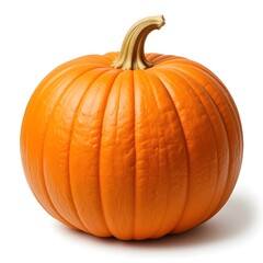 Obraz premium A ripe, round pumpkin, positioned centrally in the image. The pumpkin is a vibrant orange color, with noticeable ribbed lines running horizontally across its surface. Its stem, a light greenish-brown,
