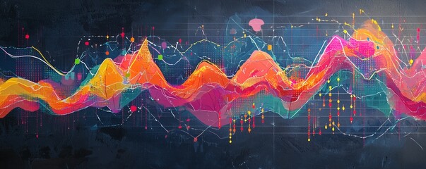 Dynamic stock trading graph with colorful moving averages on a solid slate background
