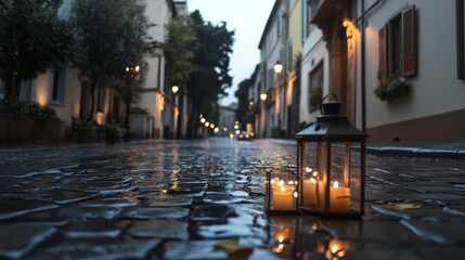 Fototapeta premium Candlelit lanterns reflect warmly on wet cobblestones, leading through an evocative nighttime street scene filled with quiet charm.