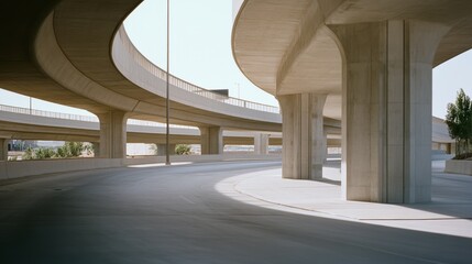 A complex interplay of concrete overpasses forms dynamic curves under the bright, clear sky, showcasing urban architecture's strength and grace.