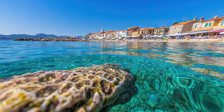Underwater View of Coastal Town and Rocky Shore