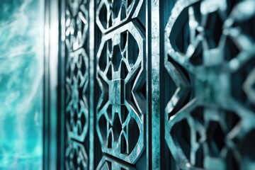 Intricate teal metal panels with geometric, repeating patterns create a visually stunning and textured surface.