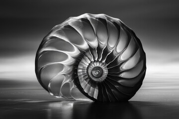 Obraz premium A monochrome image showcases a nautilus shell, its intricate spiral structure highlighted against a dark backdrop.