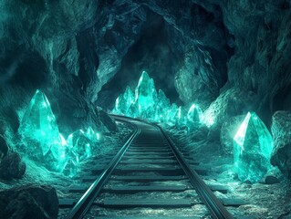 Naklejka premium Inside the dwarven mine, gemstones shimmer in the tunnels as dwarves toil away mining ores