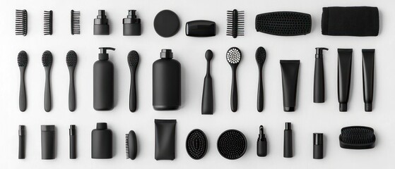 A collection of black grooming and personal care items arranged aesthetically.