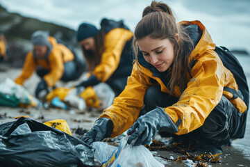 A dedicated group of volunteers diligently cleans a beach, collecting trash and debris to help preserve the coastal ecosystem and support marine wildlife.