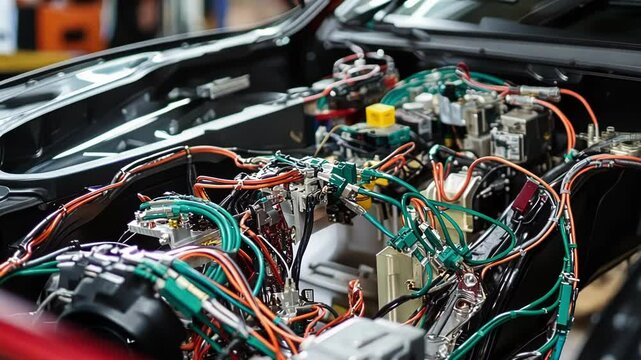 Close up view of an electric vehicle engine compartment during assembly, revealing a network of colorful wires and electronic components, highlighting the complexity of modern automotive technology