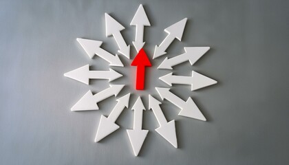 구조적으로 연결된 화살표들이 대칭을 이루는 네트워크에서, 중심에 있는 하나의 요소만 붉은빛으로 강조된 장면