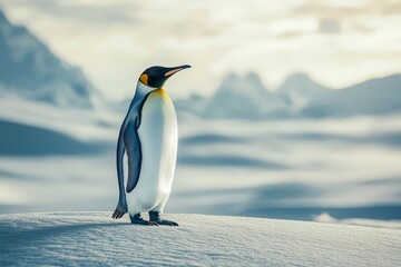 Obraz premium A majestic Emperor penguin stands gracefully on a sand in desert.