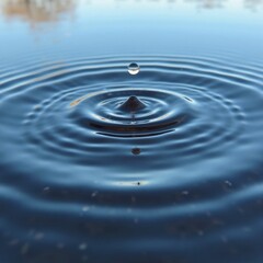 Water droplet impact creating concentric ripples on a calm water surface.  A moment of serene beauty captured in nature.