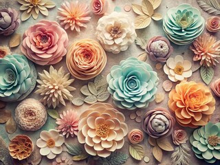 Vintage Floral Flat Lay: Handmade Paper Flowers on Rustic Background