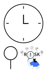 Clock face symbolizes time, magnifying glass highlights risks linked to business icons. Ideal for risk analysis, strategy planning, time management, problem-solving, monitoring, productivity