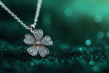 Naklejka premium A detailed close-up showcases a shimmering shamrock necklace crafted from silver and adorned with sparkling stones, elegantly displayed on rich green velvet fabric.