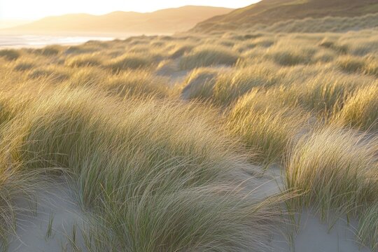 Golden hour sunlight illuminates beach grass, creating a serene coastal scene.