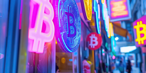 Neon Bitcoin Signage on City Street at Night