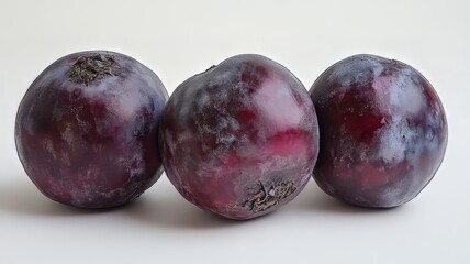 Obraz premium Fresh and juicy plums arranged in a row, showcasing vibrant colors and natural sheen, perfect for healthy eating and culinary themes.