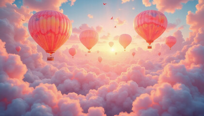 Obraz premium Pink balloons floating among fluffy clouds, dreamy sunrise scene