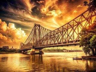 Obraz premium Vintage Kolkata: Howrah Bridge & Babughat Riverfront Landscape